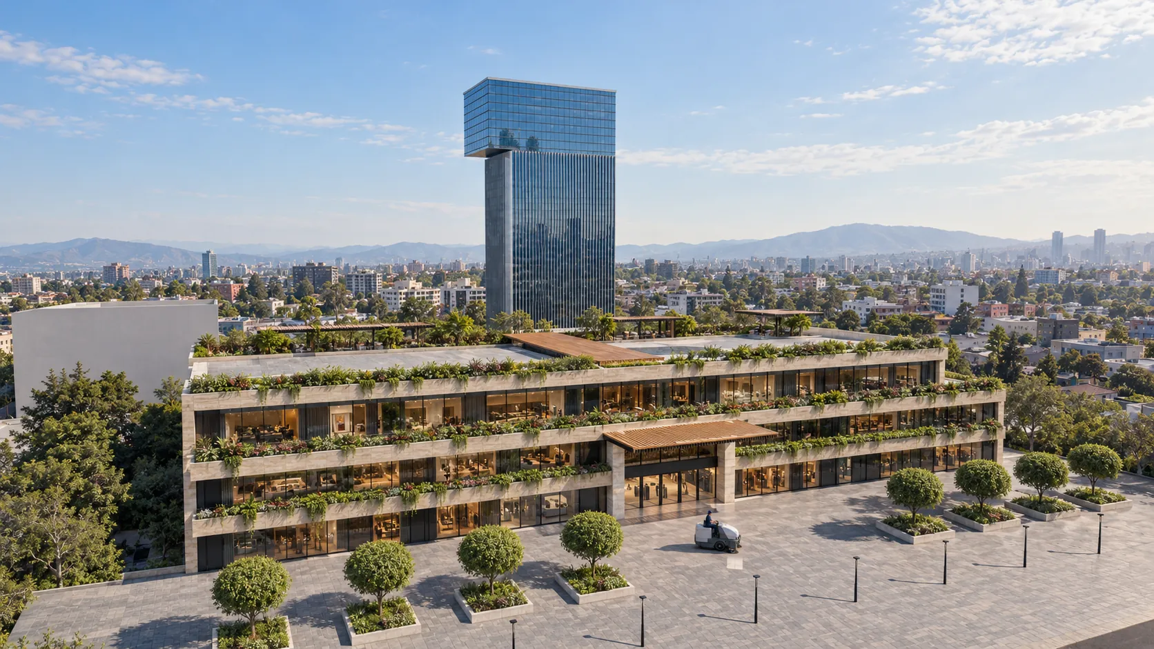Centro comercial con terrazas ajardinadas y torre de oficinas: el recorrido de Ecoteclim